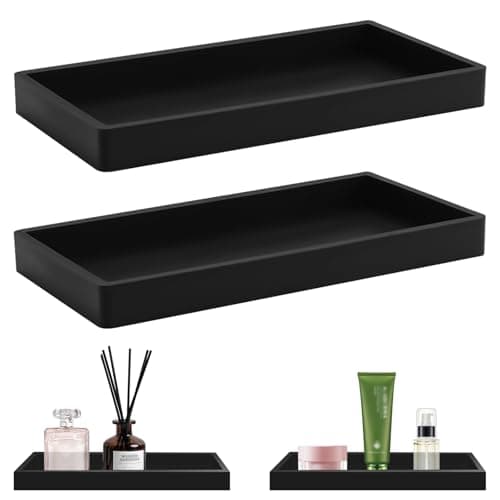 Image of 2 Pieces Black Bathroom Vanity Trays for Washbasin, 20x10x2cm Synthetic Resin Rectangular Black Bathroom Tray, Waterproof and Non-Slip Bathroom Tray Organiser for Towel, Soap, Plant, Jewellery
