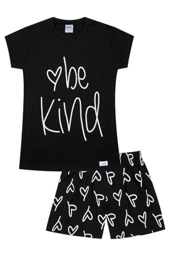 Image of ThePyjamaFactory Girls Be Kind Love Short Cotton Pyjama Set (9-10 Years) Black