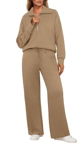 Image of GRECERELLE Tracksuit Womens Full Set Autumn Lounge Wear Sets for Women Activewear Two Piece Outfits Long Sleeve Half Zip Casual Pullover Tops and Jogging Bottoms with Pockets (Dark Khaki, M)