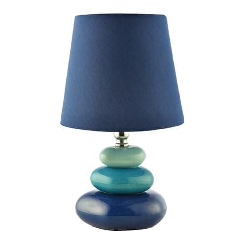 Image of Happy Homewares Modern Ceramic Pebble Table Lamp with Midnight Blue Teal and Duck Egg Colours | Navy Cotton Fabric Shade | 30cm x 18cm