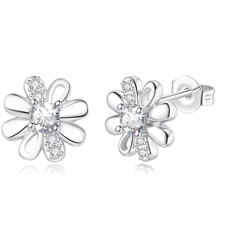 Image of DOA Daisy Sterling Silver Plated Stud Earrings, Silver Earrings With White Zircondia Crystals, White Flower Earring Jewellery Gifts For Girls