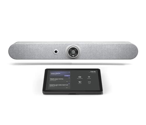 Image of Logitech Rally Bar Mini All-in-One Conference Camera with VESA Mount & Tap Touch Controller with CAT5e Kit – 4K UHD PTZ Camera, 4x Zoom, Dual Speakers, 6 Mics, Oleophobic, White (Renewed)