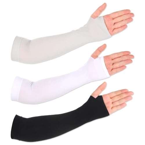 Image of Ajcotahm 3 Pairs Arm Sleeves with Thumb Hole, Compression Long Summer Sun Arms Cover Sleeves Tattoo Cover Women Men UV Protection Elbow Sleeves for Sports Workouts Cycling Driving(White, Black, Gray)