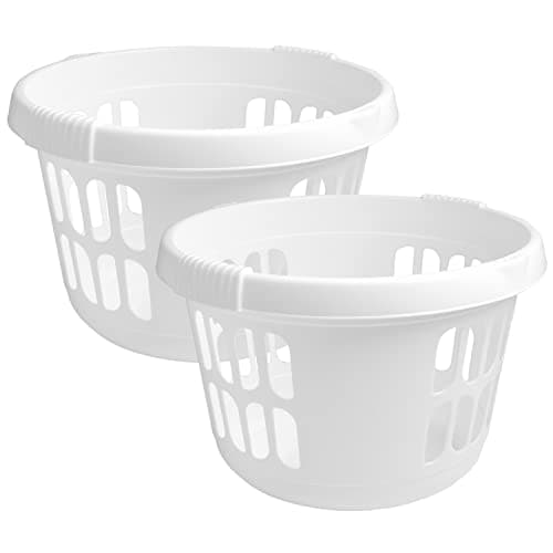 Image of JMS we create smile (Set of 2) - 50L Litre Plastic Round Laundry Basket Washing Clothes - High Grade Linen Storage Basket Tidy Organiser for Bathroom, Laundry Room, Kids Nursery (Ice White)