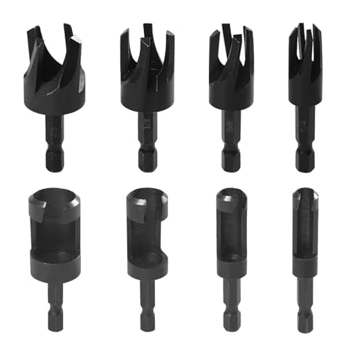 Image of 8PCS Wood Plug Tenon Drill Bit Cutter Claw & Tapered Cork Drill Hole Saw Tool Carbon Steel Hex Shank Cork Drill Set Plug Cutters for Woodworking 1/4", 5/8", 3/8", 1/2", 1/4 Inch Hex Shank
