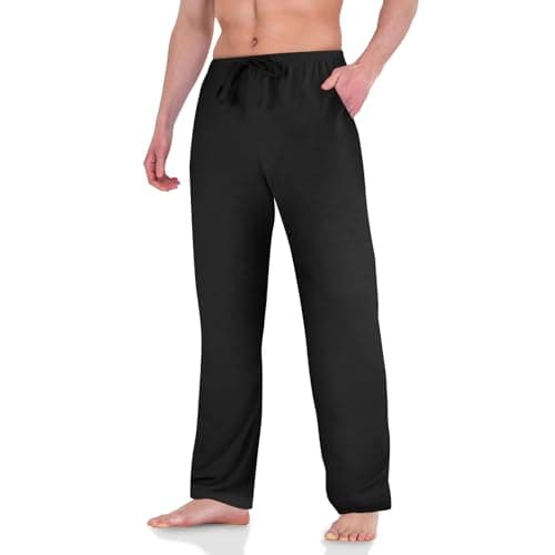 Image of AUYAO Men's Black Pyjama Bottoms Soft Checked Lounge Pants with Pockets Adjustable Pyjamas Lounge Pants Cotton Soft PJ Sleepwear Nightwear Relaxed Fit