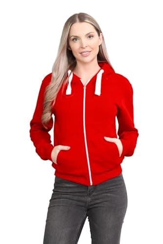 Image of janisramone® Ladies Fleece Jackets Full Zip up With Pockets, Long Sleeves Plain Womens Hoodie, Warm Fleece Zip up Hoodie Women for Autumn and Winters, Solid Colors Hoodies Size 8-22 Red