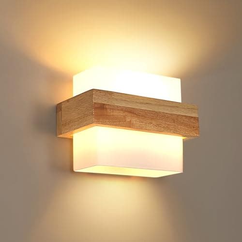 Image of DELIPOP Wood Wall Light, E27 Modern Wall Lamp with Glass Lampshade, Indoor Wall Light Fixtures for Living Room Bedside Bedroom Corridor Hallway Stairs