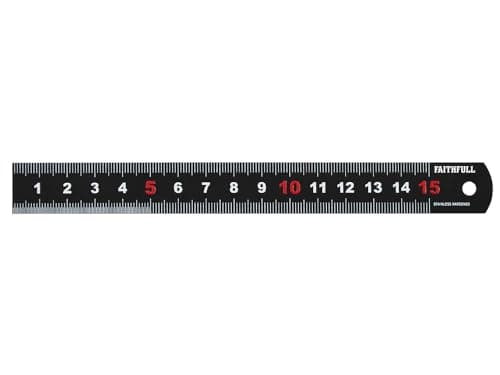 Image of Faithfull Measuring Rule 150mm (6 Inch) – Matt Black Stainless Steel Ruler with Clear Metric Graduations & Hanging Hole