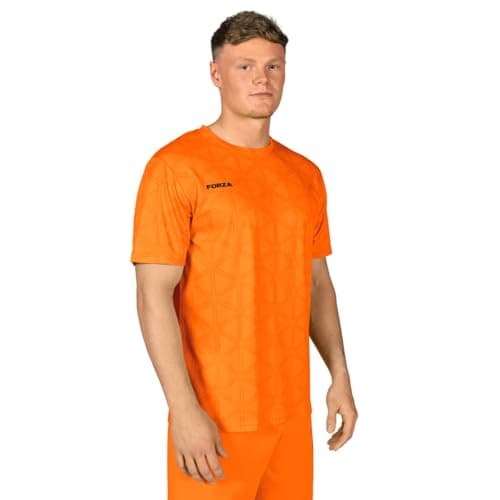 Image of FORZA Men’s Short Sleeve Geo Football Shirt | Lightweight Quick-Dry Polyester Top – Breathable Training Jersey for All Athletes and Players (UK, Alpha, XL, Regular, Regular, Fluro Orange)
