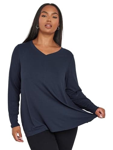 Image of Yours Curve Navy Blue Ribbed Long Sleeve Swing Top - Women's - Plus Size Curve