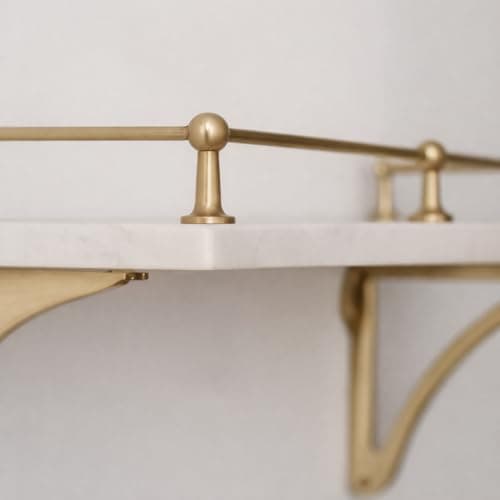 Image of Solid Brass Gallery Shelf Rail 6mm Rod - Antique Brass, Bronze & Satin Brass - Kitchen Shelf Rail with Centre, End & Corner Brackets - 7 Antique Finishes (Satin Brass, 500mm Rod)