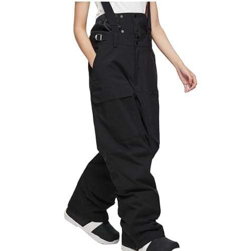 Image of Women and Men's Ski Trousers, Baggy Snowboard Pants, Winter Windproof Waterproof Warm Thick Unisex Outdoor Ski Salopettes Pants, with Detachable Braces and Multi Pockets Black