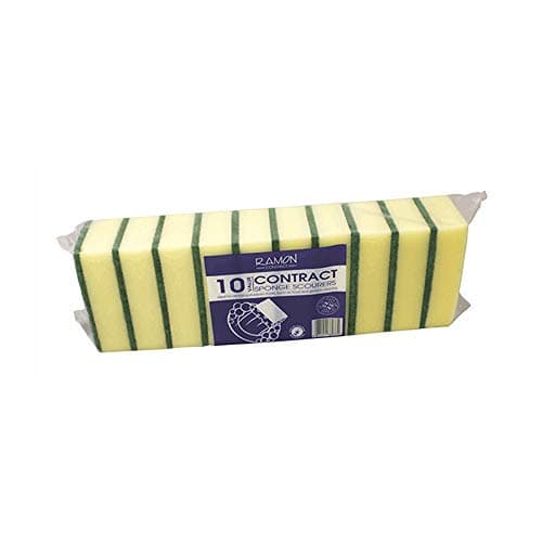 Image of Ramon Hygiene Contract 10 Sponge Scourers, 13 x 8 cm, Large, Made In UK, Absorbent Cleaning Tools, Abrasive, Commercial Kitchen Cleaning