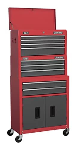 Image of Sealey American PRO® 9 Drawer Topchest, Mid-Box & Rollcab Stack/Tool Chest on Wheels - Red - AP2200BBSTACK