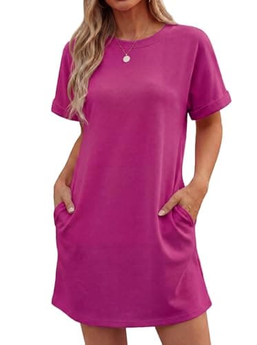 Image of GRECERELLE Womens Summer Mini Dress Cap Sleeve Crew Neck T Shirt Short Casual Beach A Line Dresses with Pockets (Pink, XL)