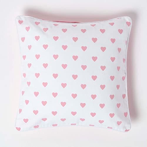Image of HOMESCAPES - 100% Cotton - Love Hearts - Cushion Cover - 45 x 45 cm Square - 18 x 18 Inches - Pink White - 100% Cotton Sofa Pillow Cushion Cover - Washable