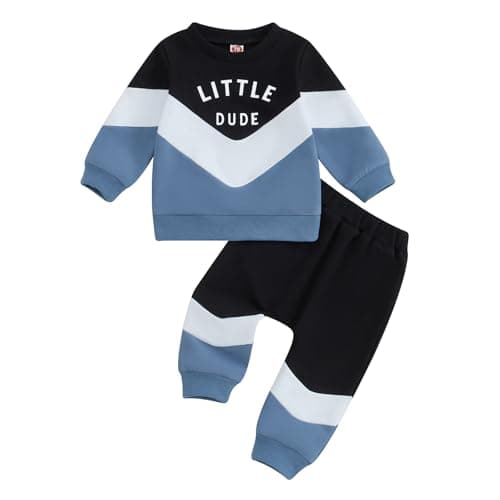 Image of Vioyavo Toddler Baby Boy 2Pcs Tracksuit Fall Winter Outfit Contrast Color Letters Print Sweatshirt Jumper Tops Elastic Waist Sweatpants Set (Black, 3-6 Months)