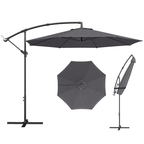 Image of Outsunny 3(m) Garden Banana Parasol Hanging Cantilever Umbrella with Crank Handle, 8 Ribs and Cross Base for Outdoor, Sun Shade, Grey