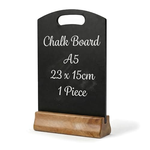 Image of Chabrias Ltd A5 Chalkboard Table Sign with Wooden Stand - 23x15cm – Reusable Easy Wipe Chalkboard Sign, Menu Display, Wedding Table Numbers, Reserved Signs for Restaurants, Cafés & Events (1 x A5)