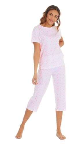 Image of Nikaro 100% Cotton Women's Pyjama Set Soft & Breathable Sleepwear with Floral Print Short Sleeve Top & Cropped Pants (L) Pink