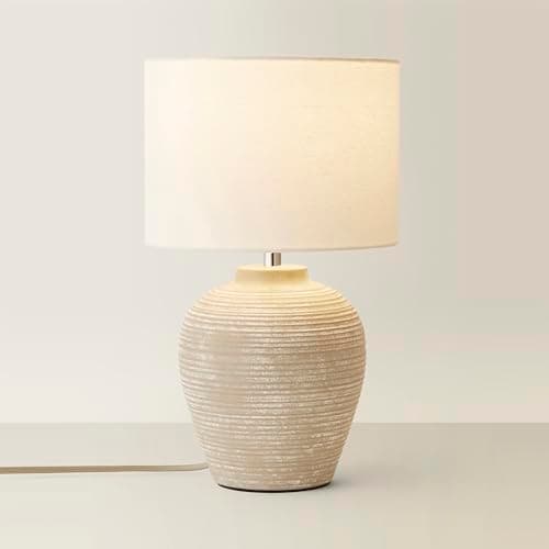 Image of ValueLights | Reid Linen Drum Lamp Shade Stone Grey Ribbed Ceramic Small Table Lamp | Table Lamps, Home Décor & Improvement Essential