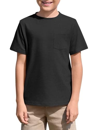 Image of Haloumoning Boys' T-Shirt Short Sleeve Crew Neck Tops Kids Summer Plain Lightweight Top Regular Fit Sports T-Shirts Casual Basic Tees with Chest Pocket 5-14 Years, Black, 9-10 Years