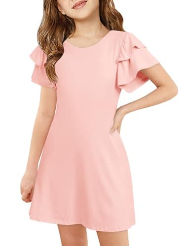 Image of Haloumoning Girls' Dress Ruffle Sleeves Round Neck Summer Dress A-line Plain Casual Elegant Party Dress Birthday Wedding Festive Dresses Pink 7-8years