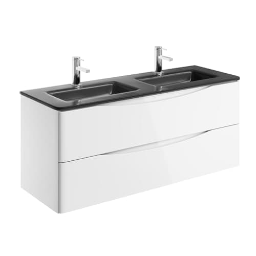 Image of Go Bathrooms Eaton 1200mm Wall Hung White Vanity Unit Includes Double Grey Glass Basin Gloss Finish Bathroom Furniture Storage Sink Unit