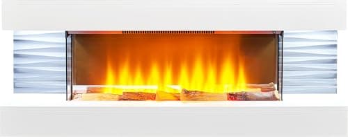 Image of Sureflame WM-9332 Electric Wall Fireplace Suite with Downlights & Remote in Pure White, LED Flame Effect, Programmable Timer & Thermostat