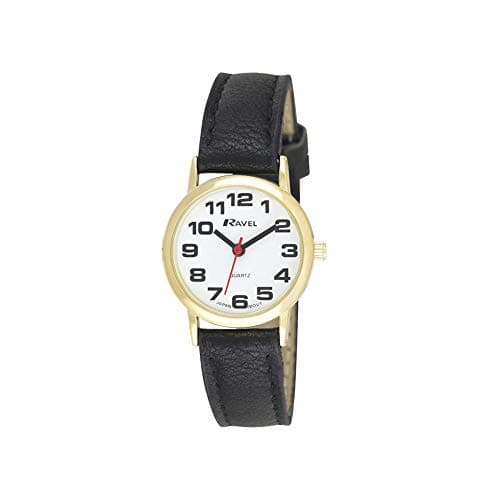 Image of Ravel Women's Easy Read Watch with Big Numbers - Black/Gold Tone/White Dial