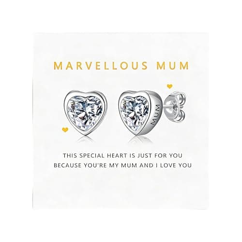 Image of Mum Birthday Gifts, Mothers Day Gifts for Mum from Daughter Son, Hypoallergenic Silver Cubic Zirconia Heart Stud Earrings, Valentines Christmas Jewellery Present for Women Her