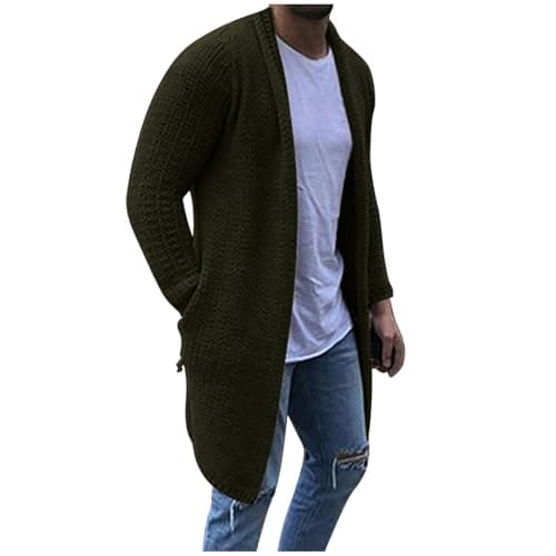 Image of Mens Long Cardigans with Side Pockets Lightweight Open Front Jumper Breathable Long Sleeve Knitwear Chunky Knit Jacket Coat Plain Ribbed Sweater Warm Outerwear Autumn Winter Cover-Up Green