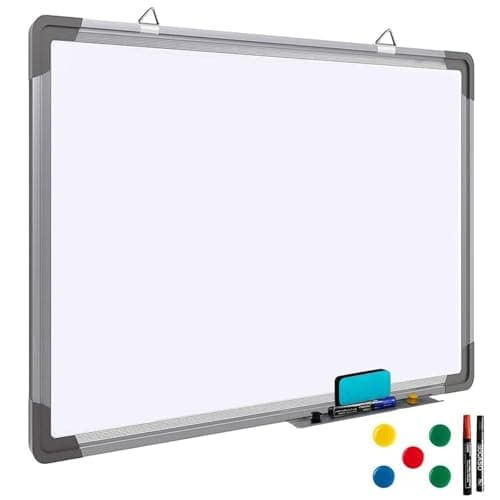 Image of Magnetic Whiteboard with Pen Tray for walls Dry Wipe Aluminum Silver Frame Hanging Magnetic Whiteboards Writing for school office home Drawing Memo Notice Board, 3 Markers 1 Eraser 5 Magnets 600x900MM