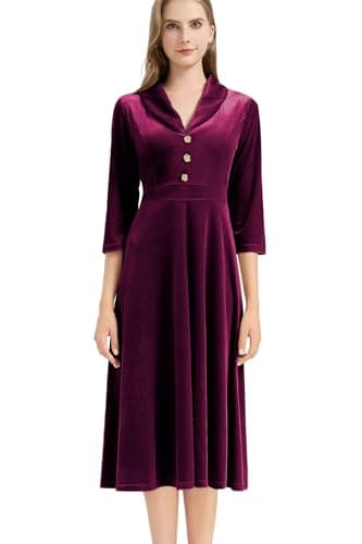 Image of AXOE Women's Velvet Dress Elegant Vintage Midi 3/4 Sleeves Autumn Winter Fashion for Wedding Guest Soft Burgundy, UK Size 16, XL