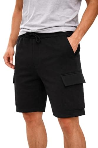 Image of Comfort Collections Men's Fleece Cargo Shorts, Cotton Blend, 5 Pockets, Adjustable Drawstring Waist, Gym, Lounge and Casual (UK, Alpha, M, Regular, Regular, Black)