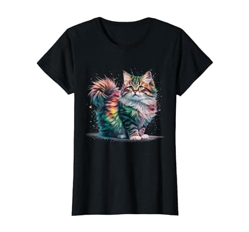 Image of Cat Men Women Colourful Watercolour Cat T-Shirt, Women, Black, Large
