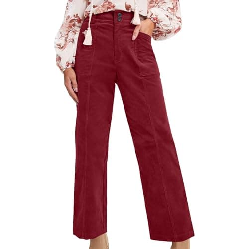 Image of Women's Corduroy Trousers Trendy High Waisted Double Buttoned Corduroy Cropped Trousers Vintage Straight Leg Stretch Cord Pants Fall Winter Casual Loose Work Pants with Pockets,Wine,M
