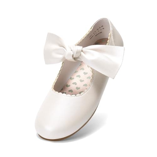 Image of DREAM PAIRS Girls Mary Jane Dress Shoes Front Bow Ballerina Flats for Wedding, Party, Christmas,Size 1 Big Kid,Ivory/Pu,Angie-5