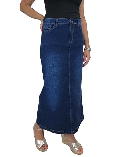 Image of icecoolfashion Women's Very Stretchy Denim Maxi Skirt Ladies Casual Straight Long Jeans Skirt Dark Blue Faded 10-22 (18)
