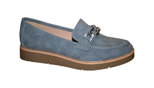 Image of Cushion Walk Ladies Casual Slip-On Smooth Faux Leather Comfort Sporty Wedge Loafer with Chain Trim Sizes 4-8 (Blue, UK Footwear Size System, Adult, Women, Numeric, Medium, 6)