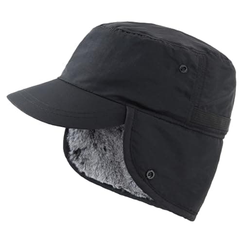 Image of Decentron Outdoor Mens Warm Hunting Hat with Earflaps Winter Skull Cap Faux Fur Baseball Cap Black