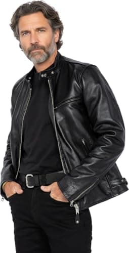 Image of Schott NYC Men's Lc940D Cafe Racer Biker Leather Long Sleeve Jacket, Black, X-Large