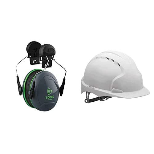 Image of JSP Sonis 1 Helmet Mounted Ear Defenders - SNR 26 - (AEB010-0CY-800) & EVO2 Safety Helmet with Slip Ratchet - White - Vented AJF030-000-100, One Size AJF030-000-100-AMZ