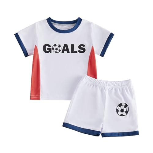 Image of Geagodelia Baby Boys Football Outfit Summer Clothes Set 2Pcs Baby Grows Jersey T-Shirt Top + Shorts Toddler Kids Clothing 0-4 Years (White, 12-18 Months)