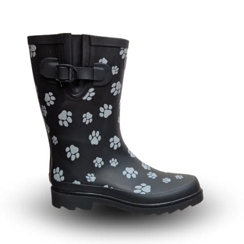 Image of TOSH Womens Ladies Wellies Rubber Rain Boots Wellingtons Short & Tall Dog Paw Skull Festival Snow Buckle Adjustable (Black Half Dog Paw, UK Footwear Size System, Adult, Women, Numeric, Medium, 7)