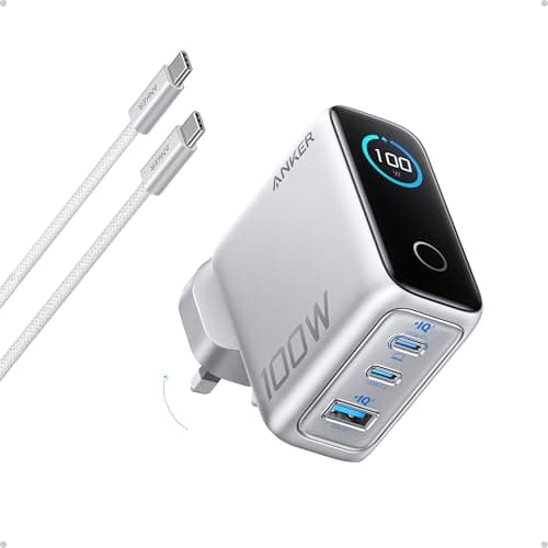 Image of Anker 100W USB C Charger, 3-Port Fast Charger Plug, Ultra-Compact GaN Laptop Charger, Smart Display, Touch Control, for MacBook, iPad, iPhone 17/16/15 Series (Silver, USB-C Cable Included)