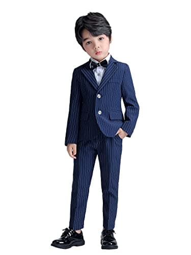 Image of LOLANTA 2 Piece Boys Pinstripe Suits Set, Kids Suit Jacket & Trousers, Leisurewear or Wedding Party Pageboy Outfit, Navy Blue, 8-9 Years, 140