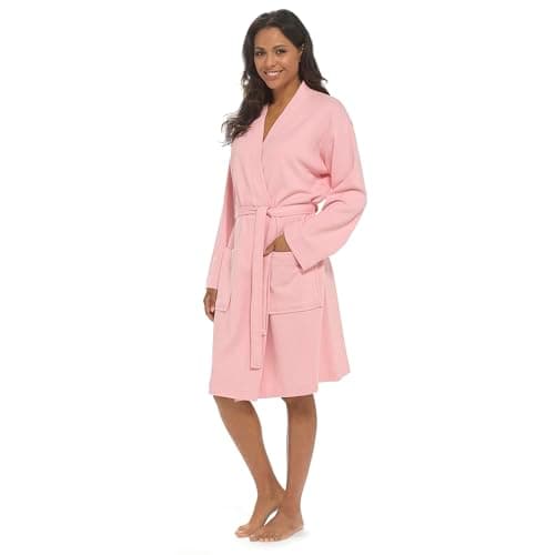 Image of INSIGNIA Ladies' 100% Cotton Waffle Dressing Gown – Lightweight Knee-Length Bathrobe with Belt & Pockets – Ideal for Spa, Travel & Hospital Stay (UK, Numeric, 12, 14, Regular, Regular, Pink)