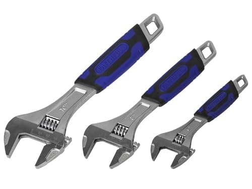 Image of Faithfull Adjustable Spanner Set – Drop Forged Spanners with Soft-Grip Handles, Matt Chrome Finish, Thumb Screw Adjustment & Metric Scale - 3 Piece - 150mm, 200mm & 250mm